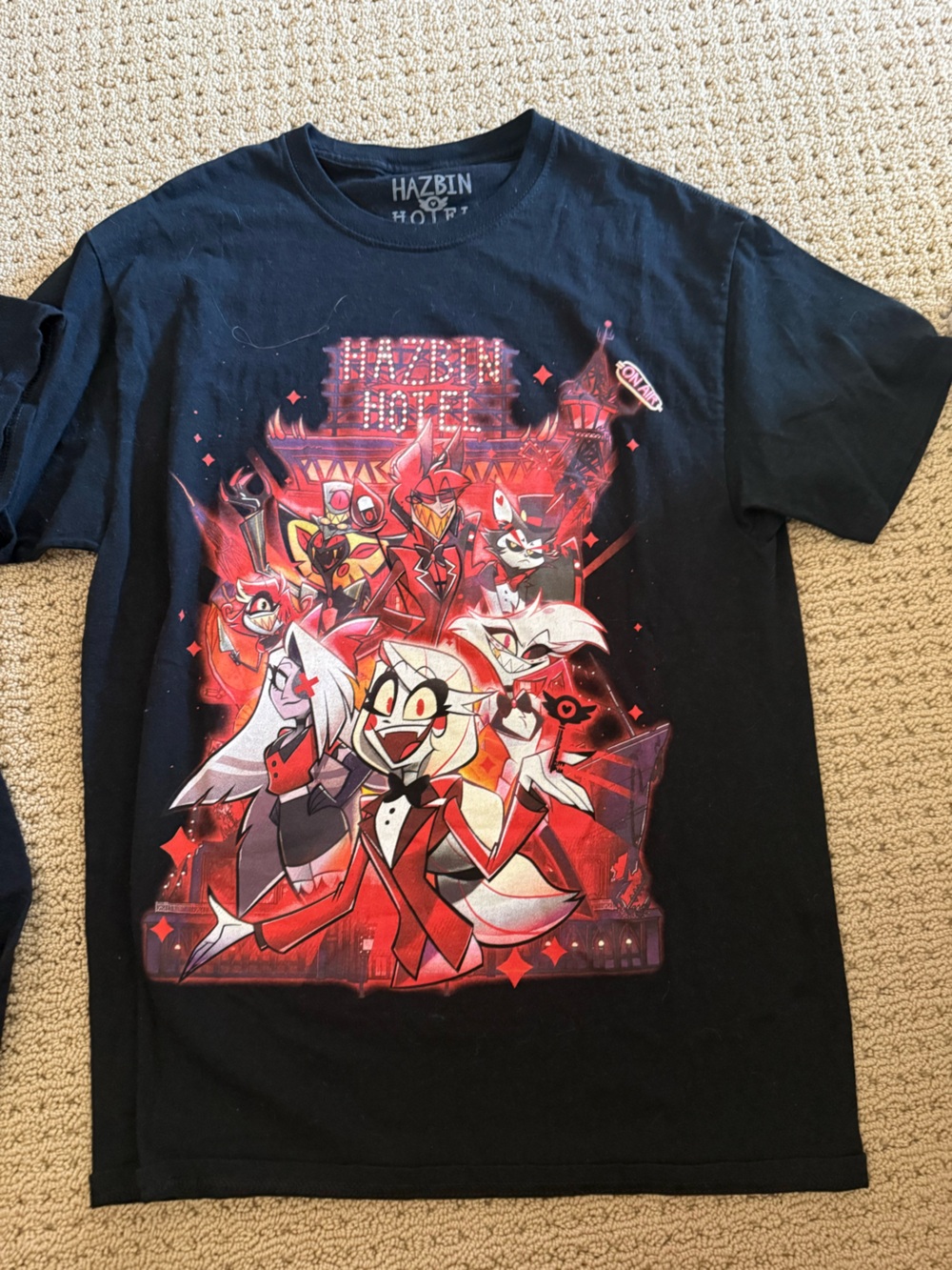 Hot Topic Black Hazbin Hotel Graphic Tee with Red & White Art